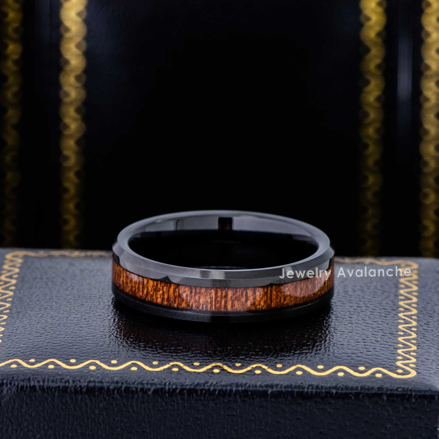 Jewelry Avalanche 6mm Beveled Black IP Hawaiian Koa Wood Tungsten Carbide Men Women Wedding Band