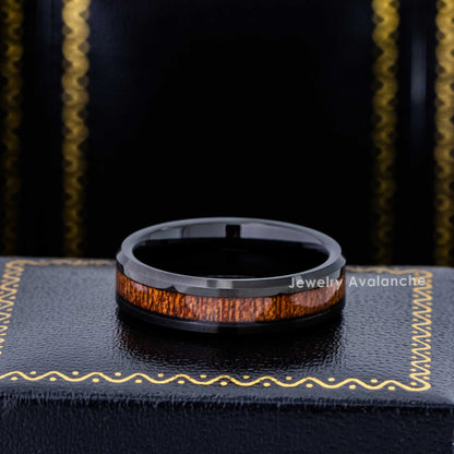Jewelry Avalanche 6mm Beveled Black IP Hawaiian Koa Wood Tungsten Carbide Men Women Wedding Band