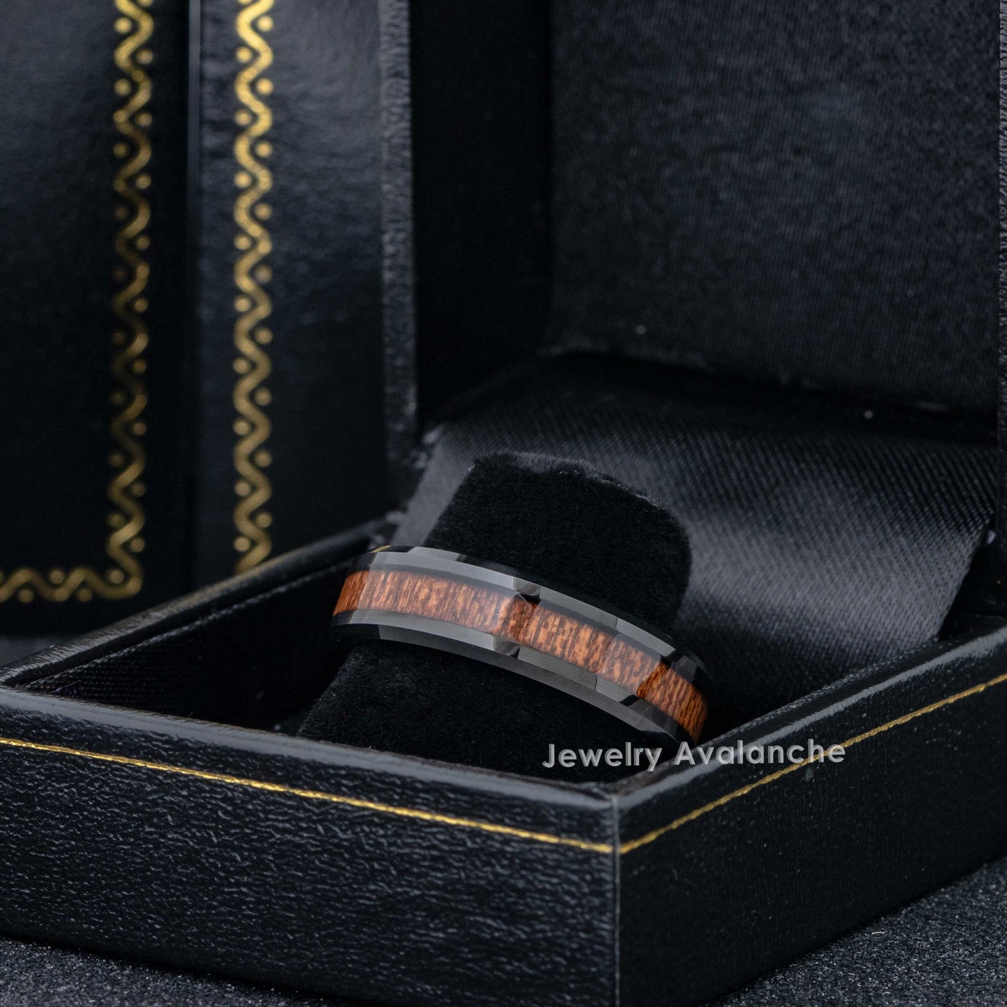 Jewelry Avalanche 6mm Beveled Black IP Hawaiian Koa Wood Tungsten Carbide Men Women Wedding Band