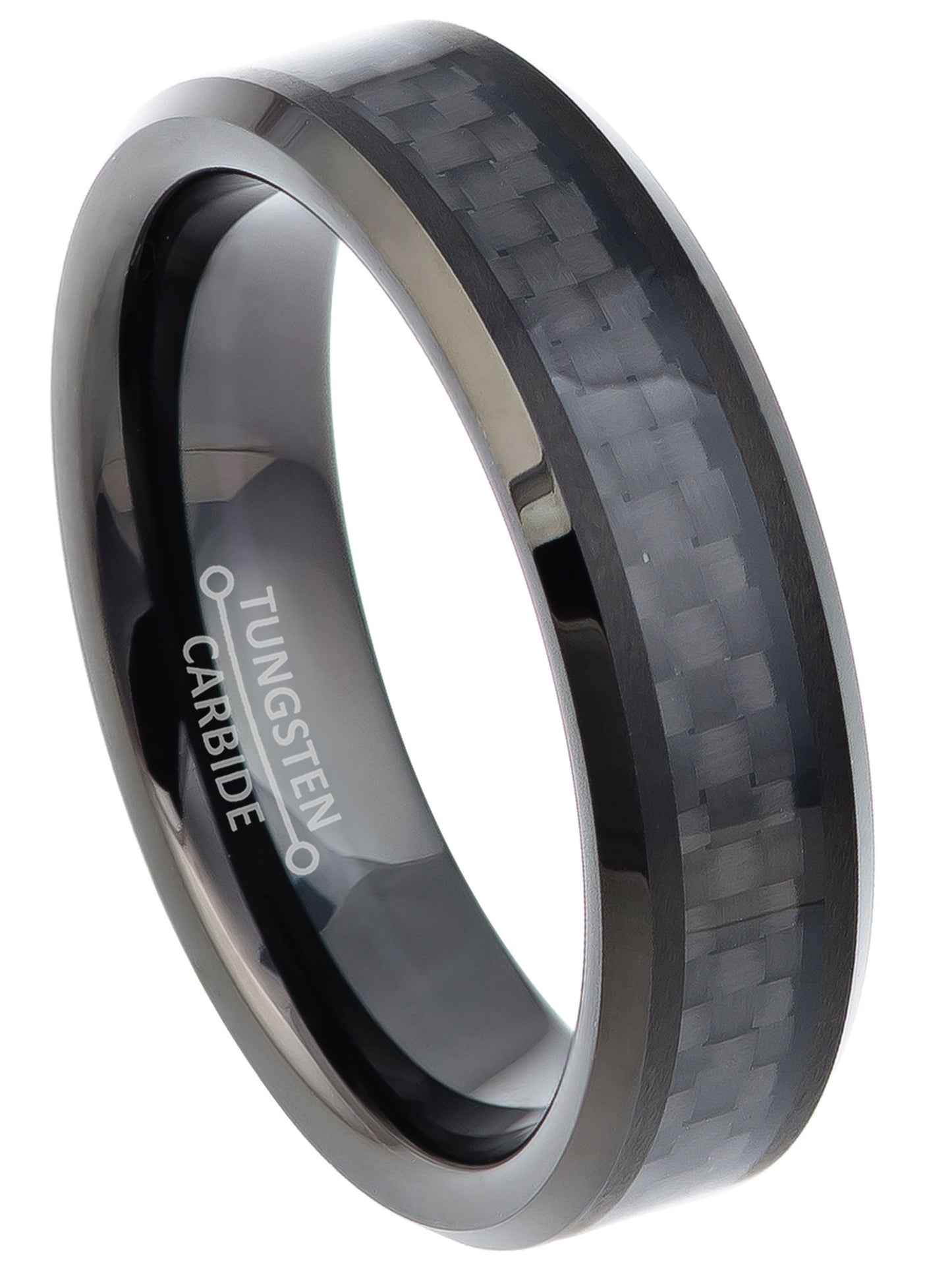 Jewelry Avalanche 6mm Black Carbon Fiber Inlay Beveled Tungsten Carbide Men Women Wedding Band