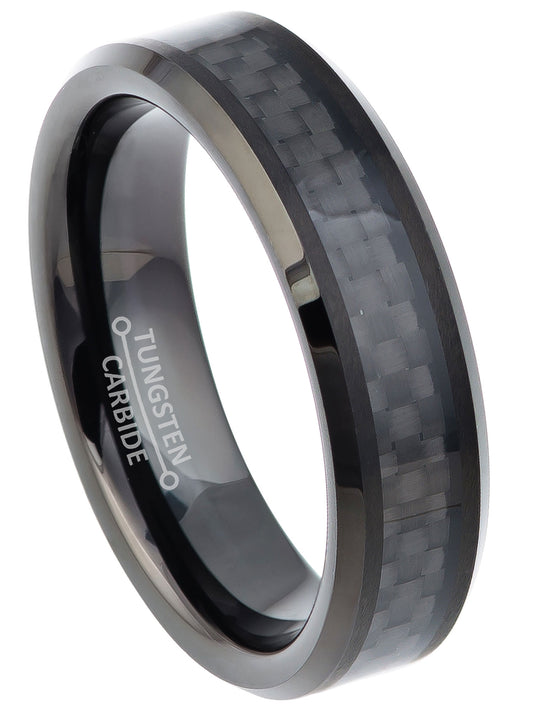 Jewelry Avalanche 6mm Black Carbon Fiber Inlay Beveled Tungsten Carbide Men Women Wedding Band