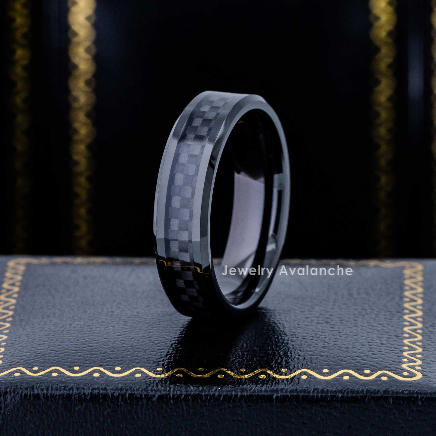 Jewelry Avalanche 6mm Black Carbon Fiber Inlay Beveled Tungsten Carbide Men Women Wedding Band