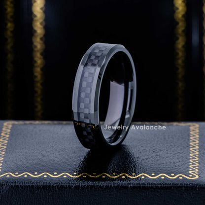 Jewelry Avalanche 6mm Black Carbon Fiber Inlay Beveled Tungsten Carbide Men Women Wedding Band