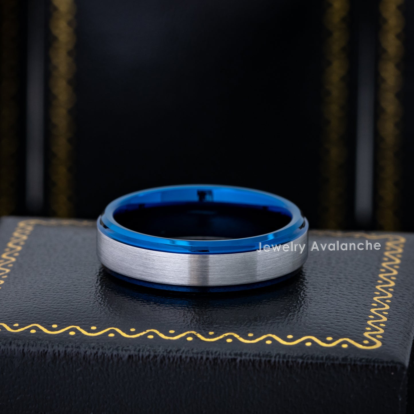 Jewelry Avalanche 6mm Stepped Beveled Blue & Gunmetal IP Tungsten Carbide Men Women Wedding Band