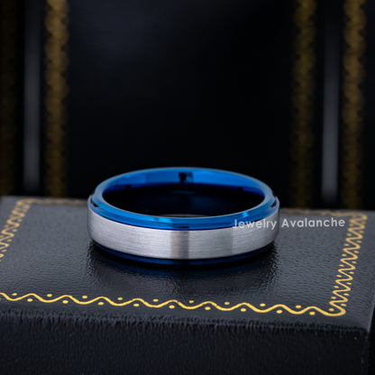 Jewelry Avalanche 6mm Stepped Beveled Blue & Gunmetal IP Tungsten Carbide Men Women Wedding Band