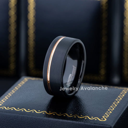 Jewelry Avalanche 8mm Pipe Cut Black IP Grooved Tungsten Carbide Mens Wedding Band