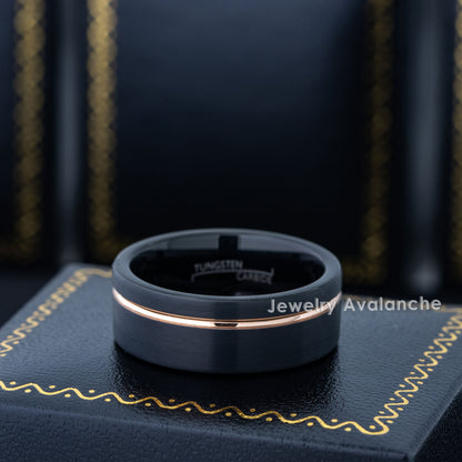 Jewelry Avalanche 8mm Pipe Cut Black IP Grooved Tungsten Carbide Mens Wedding Band