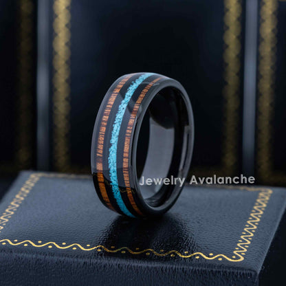 Jewelry Avalanche Black IP Koa Wood and Turquoise Inlay Dome Tungsten Carbide Wedding Band, Comfort-fit, 8mm