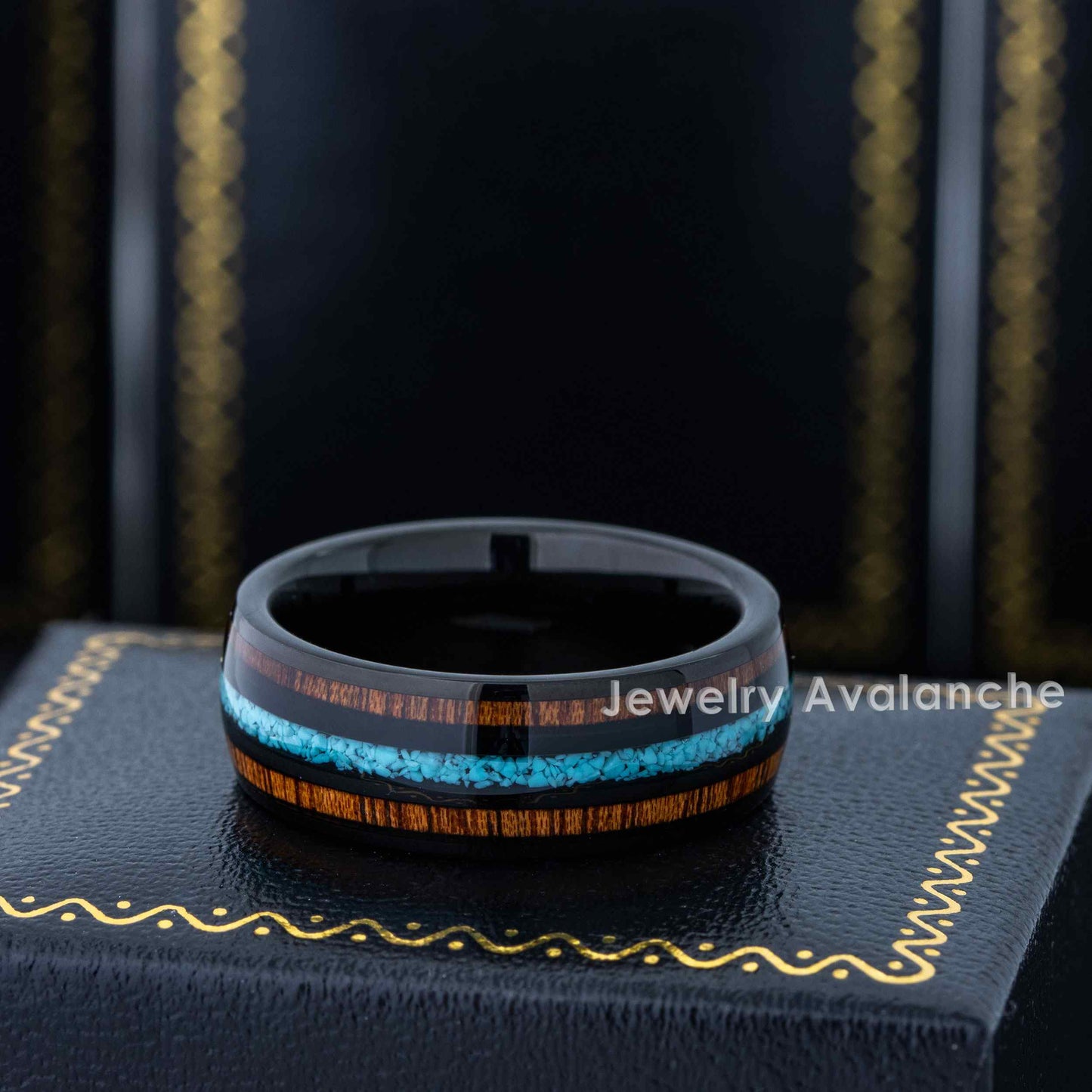 Jewelry Avalanche Black IP Koa Wood and Turquoise Inlay Dome Tungsten Carbide Wedding Band, Comfort-fit, 8mm