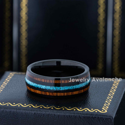 Jewelry Avalanche Black IP Koa Wood and Turquoise Inlay Dome Tungsten Carbide Wedding Band, Comfort-fit, 8mm