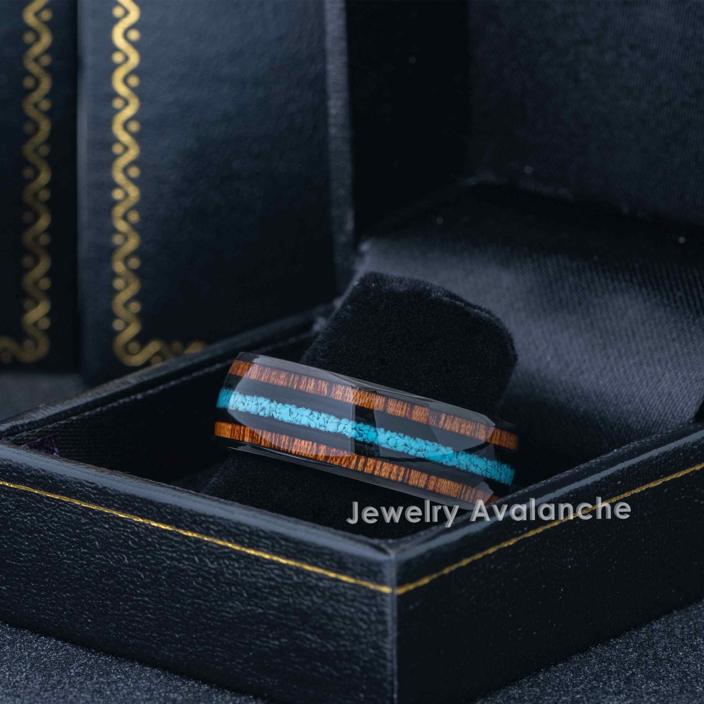 Jewelry Avalanche Black IP Koa Wood and Turquoise Inlay Dome Tungsten Carbide Wedding Band, Comfort-fit, 8mm