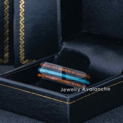 Jewelry Avalanche Black IP Koa Wood and Turquoise Inlay Dome Tungsten Carbide Wedding Band, Comfort-fit, 8mm