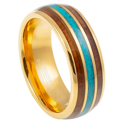 Jewelry Avalanche 8mm Dome Gold IP Wood & Turquoise Inlay Tungsten Carbide Mens Wedding Band