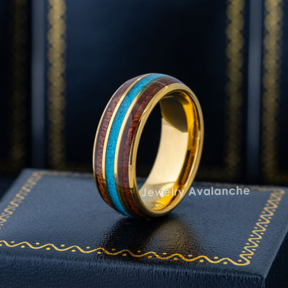 Jewelry Avalanche 8mm Dome Gold IP Wood & Turquoise Inlay Tungsten Carbide Mens Wedding Band