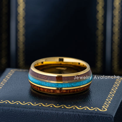 Jewelry Avalanche 8mm Dome Gold IP Wood & Turquoise Inlay Tungsten Carbide Mens Wedding Band