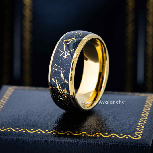 Jewelry Avalanche Gold IP Imitaion Meteorite Inlay Dome Tungsten Carbide Wedding Band, Comfort-fit, 8mm