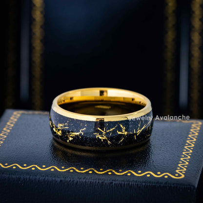 Jewelry Avalanche Gold IP Imitaion Meteorite Inlay Dome Tungsten Carbide Wedding Band, Comfort-fit, 8mm
