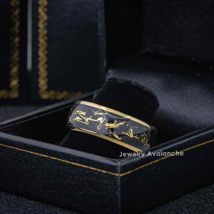 Jewelry Avalanche Gold IP Imitaion Meteorite Inlay Dome Tungsten Carbide Wedding Band, Comfort-fit, 8mm