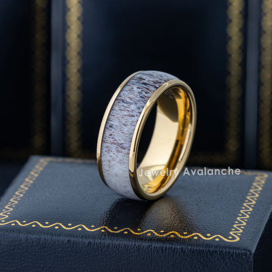 Jewelry Avalanche 8mm Dome Gold IP Deer Antler Inlay Tungsten Carbide Mens Wedding Band