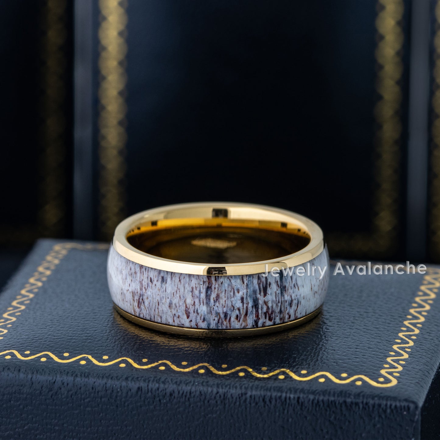 Jewelry Avalanche 8mm Dome Gold IP Deer Antler Inlay Tungsten Carbide Mens Wedding Band