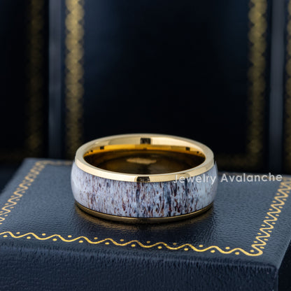 Jewelry Avalanche 8mm Dome Gold IP Deer Antler Inlay Tungsten Carbide Mens Wedding Band