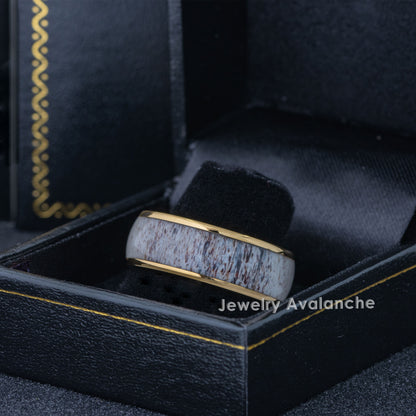 Jewelry Avalanche 8mm Dome Gold IP Deer Antler Inlay Tungsten Carbide Mens Wedding Band