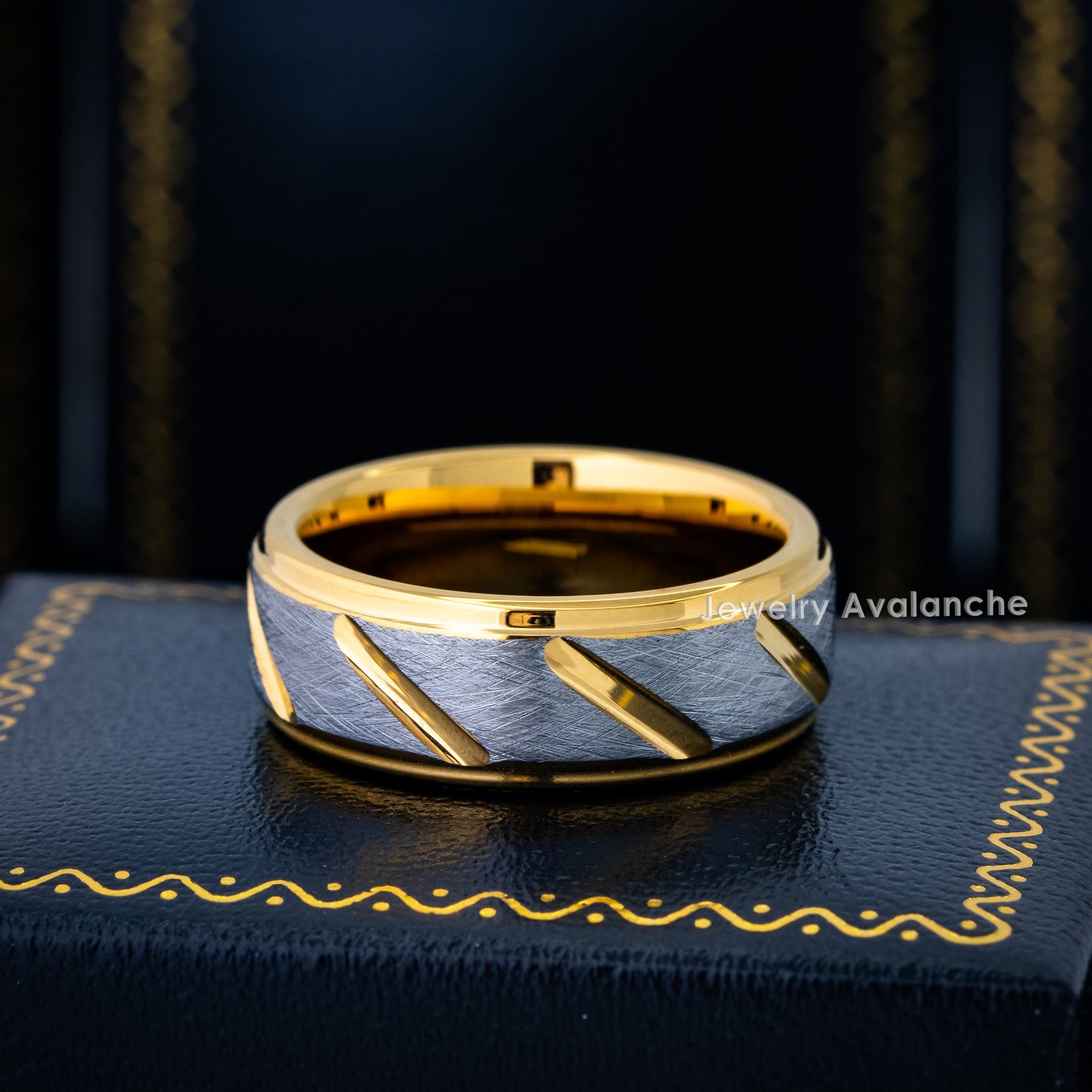 Jewelry Avalanche 8mm Stepped Gold Gray IP Notches Tungsten Carbide Mens Wedding Band