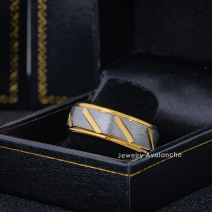 Jewelry Avalanche 8mm Stepped Gold Gray IP Notches Tungsten Carbide Mens Wedding Band