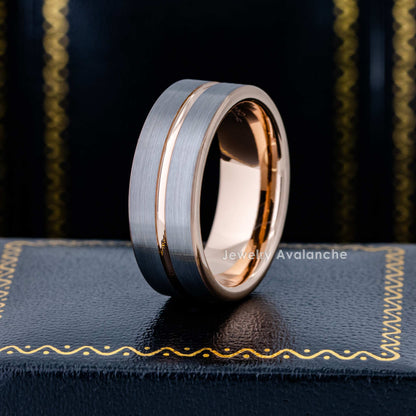 Jewelry Avalanche 8mm Pipe Cut Rose Gold & Gray IP Grooved Tungsten Carbide Mens Wedding Band