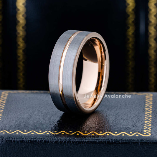 Jewelry Avalanche 8mm Pipe Cut Rose Gold & Gray IP Grooved Tungsten Carbide Mens Wedding Band
