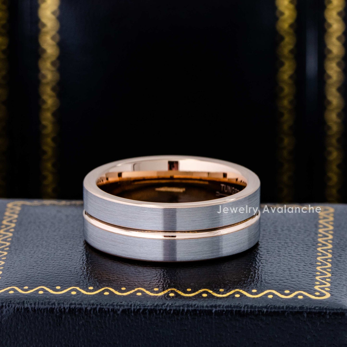 Jewelry Avalanche 8mm Pipe Cut Rose Gold & Gray IP Grooved Tungsten Carbide Mens Wedding Band