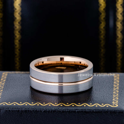Jewelry Avalanche 8mm Pipe Cut Rose Gold & Gray IP Grooved Tungsten Carbide Mens Wedding Band