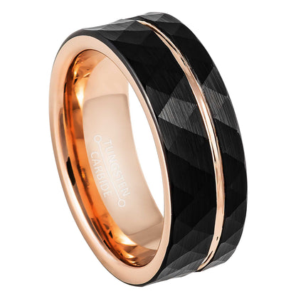 Jewelry Avalanche 8mm Pipe Cut Rose Gold & Black IP Grooved Faceted Tungsten Carbide Mens Wedding Band