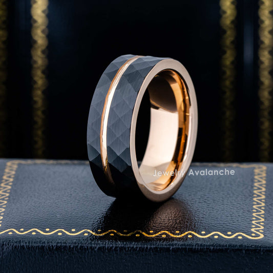 Jewelry Avalanche 8mm Pipe Cut Rose Gold & Black IP Grooved Faceted Tungsten Carbide Mens Wedding Band