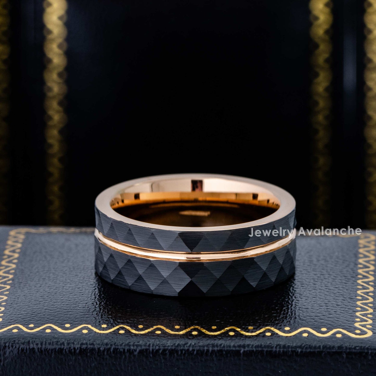 Jewelry Avalanche 8mm Pipe Cut Rose Gold & Black IP Grooved Faceted Tungsten Carbide Mens Wedding Band