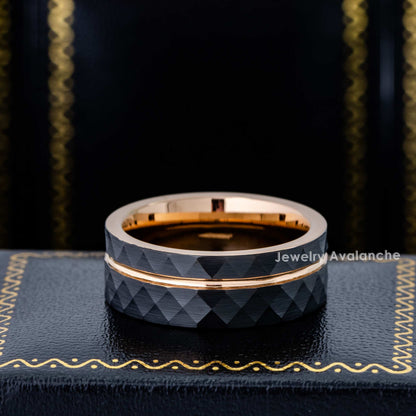 Jewelry Avalanche 8mm Pipe Cut Rose Gold & Black IP Grooved Faceted Tungsten Carbide Mens Wedding Band
