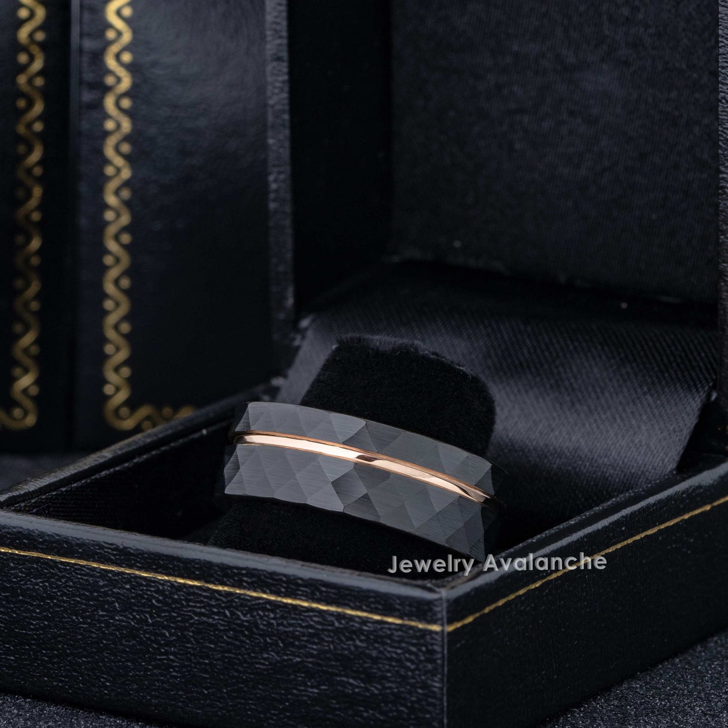 Jewelry Avalanche 8mm Pipe Cut Rose Gold & Black IP Grooved Faceted Tungsten Carbide Mens Wedding Band