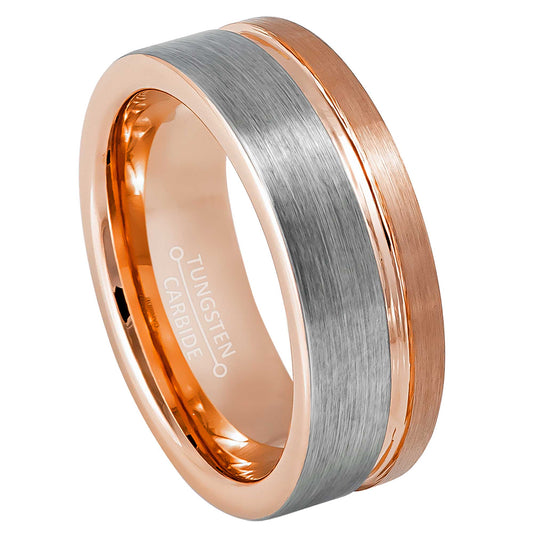 Jewelry Avalanche 8mm Pipe Cut Rose Gold & Gray IP Off Center Groove Tungsten Carbide Mens Wedding Band