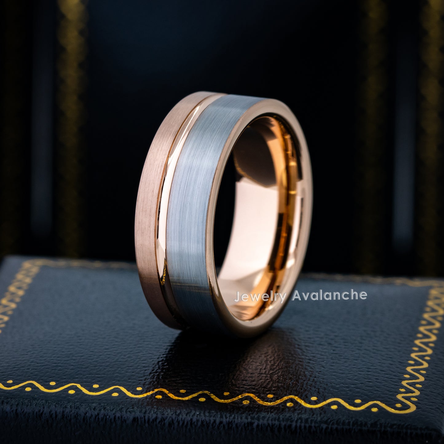 Jewelry Avalanche 8mm Pipe Cut Rose Gold & Gray IP Off Center Groove Tungsten Carbide Mens Wedding Band