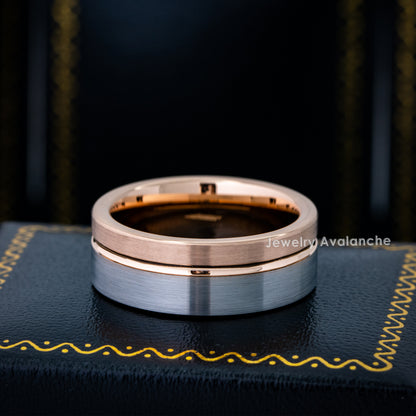 Jewelry Avalanche 8mm Pipe Cut Rose Gold & Gray IP Off Center Groove Tungsten Carbide Mens Wedding Band