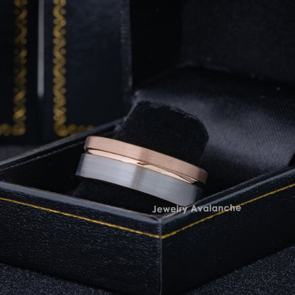 Jewelry Avalanche 8mm Pipe Cut Rose Gold & Gray IP Off Center Groove Tungsten Carbide Mens Wedding Band