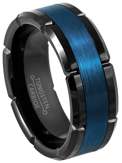Jewelry Avalanche 8mm Multi-Grooved Beveled Black & Blue IP Tungsten Carbide Mens Wedding Band