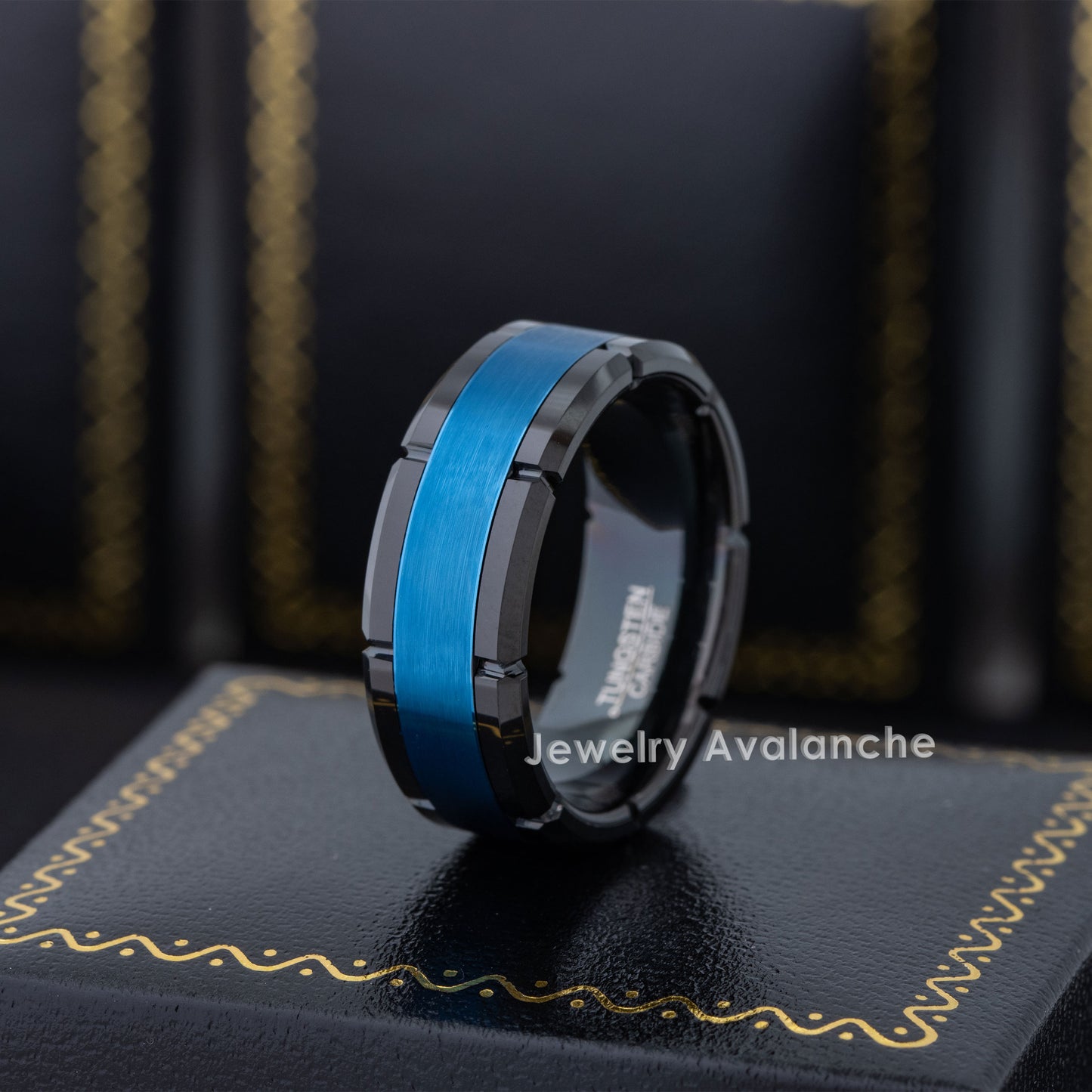 Jewelry Avalanche 8mm Multi-Grooved Beveled Black & Blue IP Tungsten Carbide Mens Wedding Band