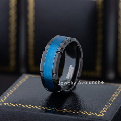 Jewelry Avalanche 8mm Multi-Grooved Beveled Black & Blue IP Tungsten Carbide Mens Wedding Band