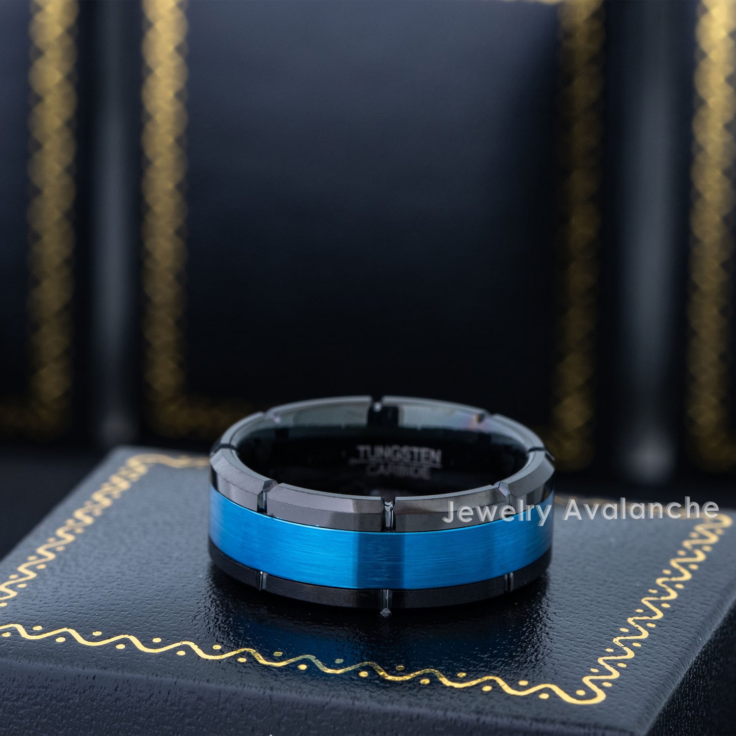 Jewelry Avalanche 8mm Multi-Grooved Beveled Black & Blue IP Tungsten Carbide Mens Wedding Band
