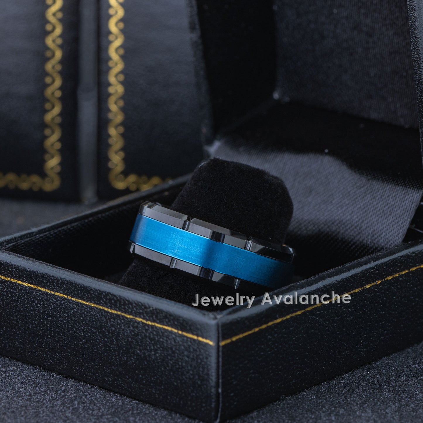 Jewelry Avalanche 8mm Multi-Grooved Beveled Black & Blue IP Tungsten Carbide Mens Wedding Band