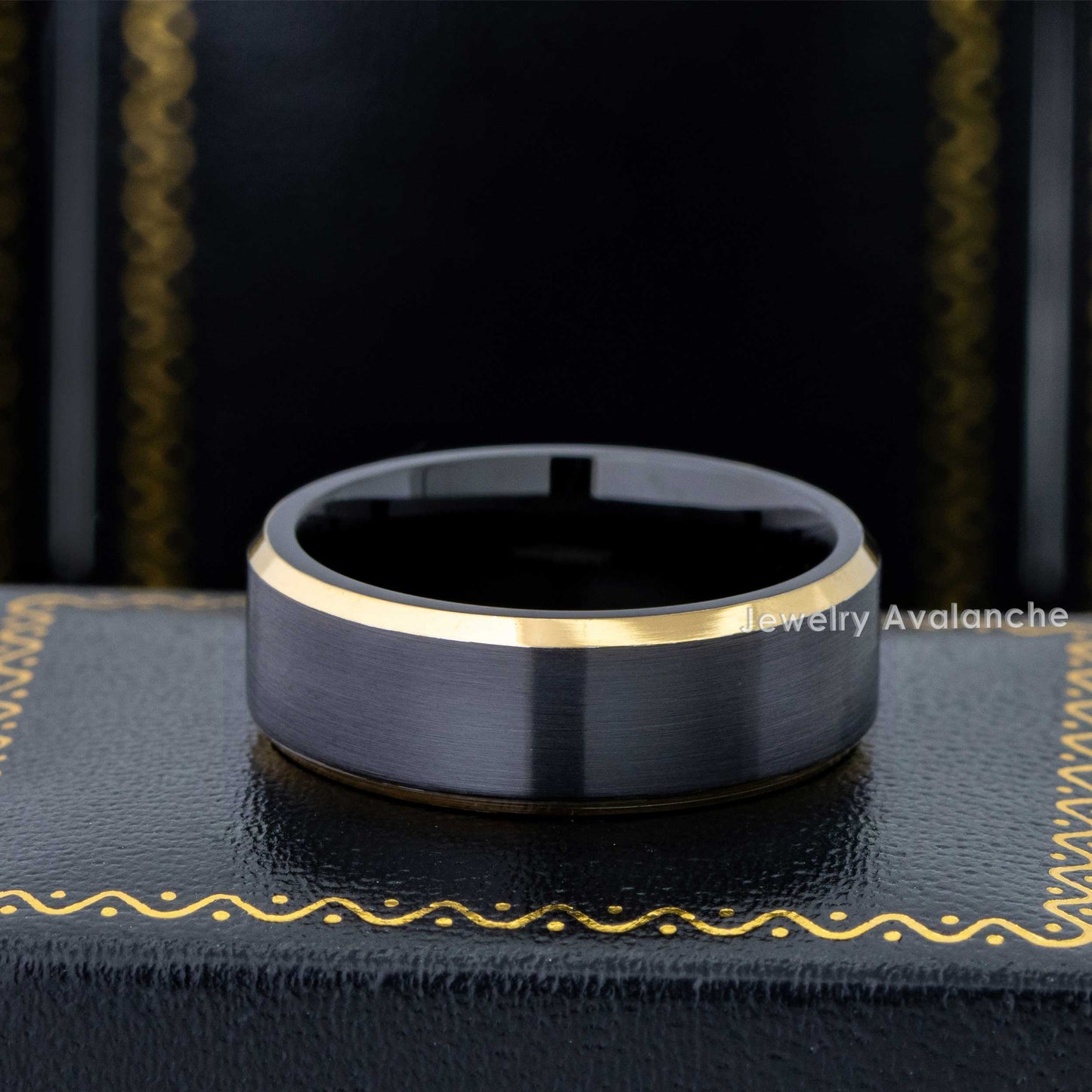Jewelry Avalanche Mens Black & Gold Tungsten Carbide Wedding Band, Comfort-fit, Beveled Edge, 8mm