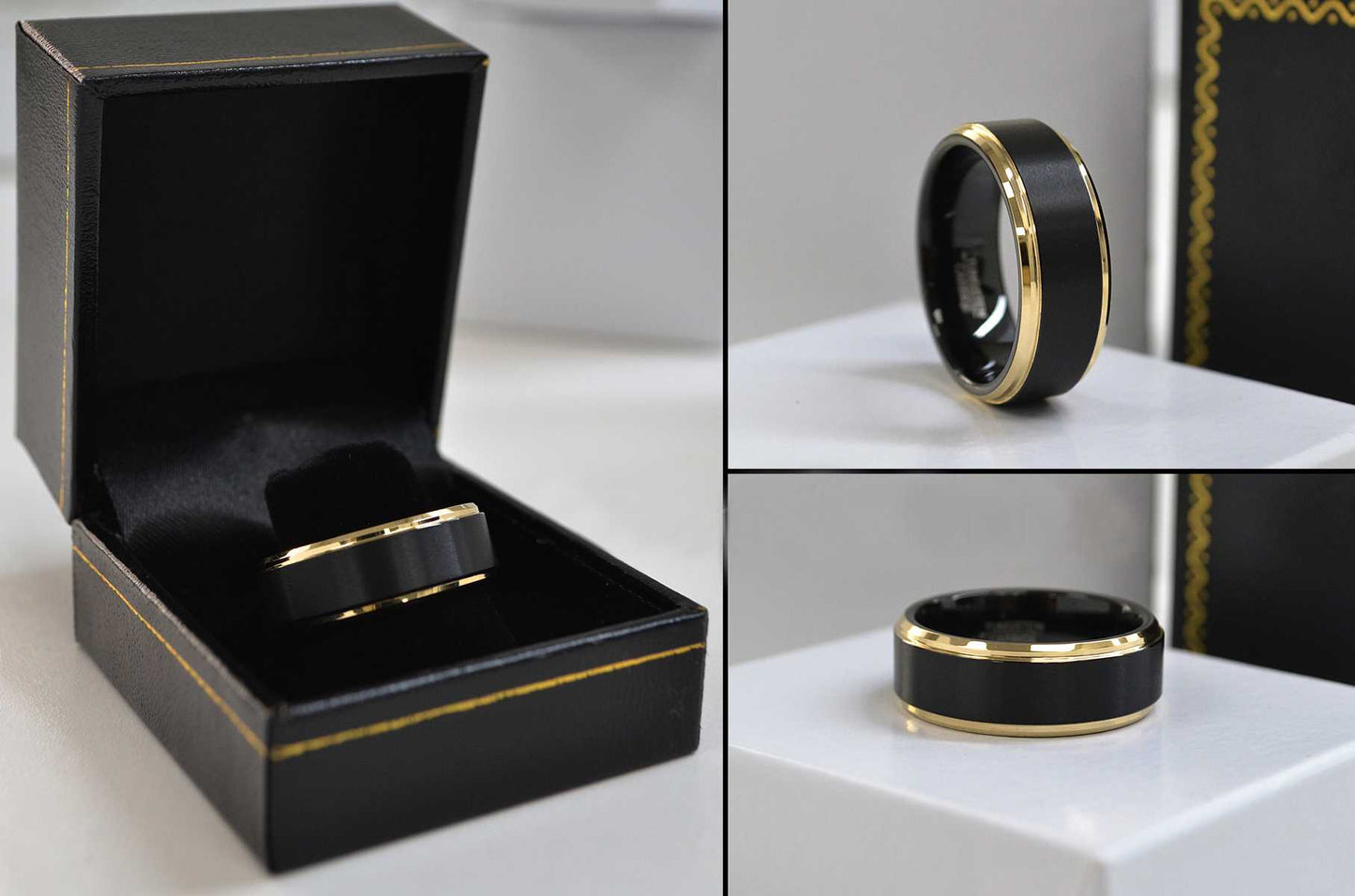 Jewelry Avalanche Mens Black & Gold Tungsten Carbide Wedding Band, Comfort-fit, Stepped Edge, 8mm