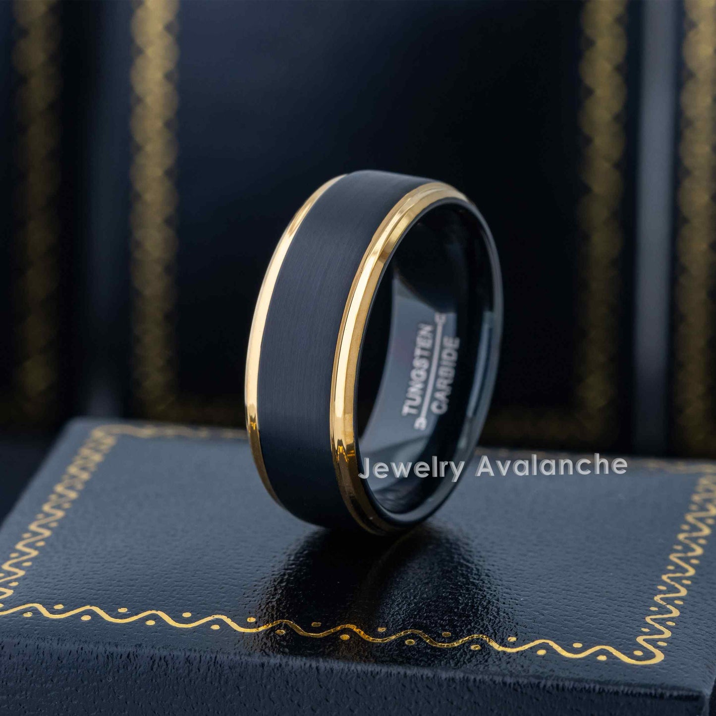 Jewelry Avalanche Mens Black & Gold Tungsten Carbide Wedding Band, Comfort-fit, Stepped Edge, 8mm