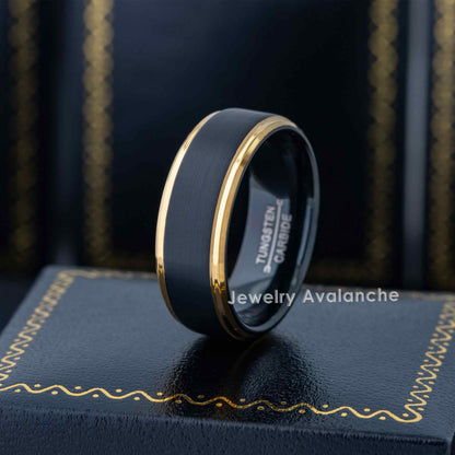 Jewelry Avalanche Mens Black & Gold Tungsten Carbide Wedding Band, Comfort-fit, Stepped Edge, 8mm
